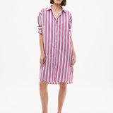 Chiara Long Sleeve Midi Shirt Dress in fuschia multi stripe with oversized fit and side pockets