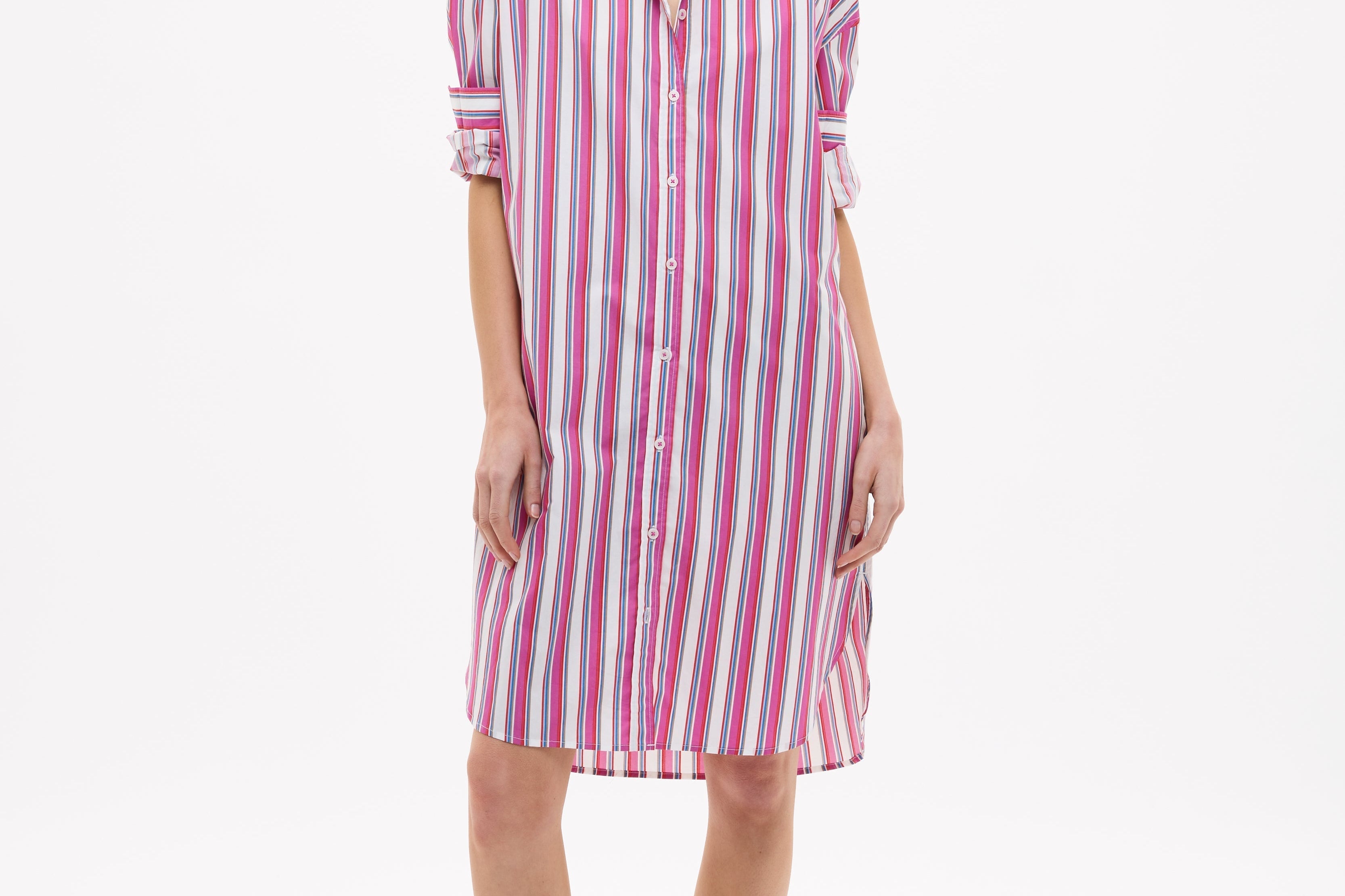 Chiara Long Sleeve Midi Shirt Dress in fuschia multi stripe with oversized fit and side pockets
