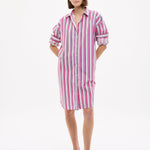 Chiara Long Sleeve Midi Shirt Dress in fuschia multi stripe with oversized fit and side pockets