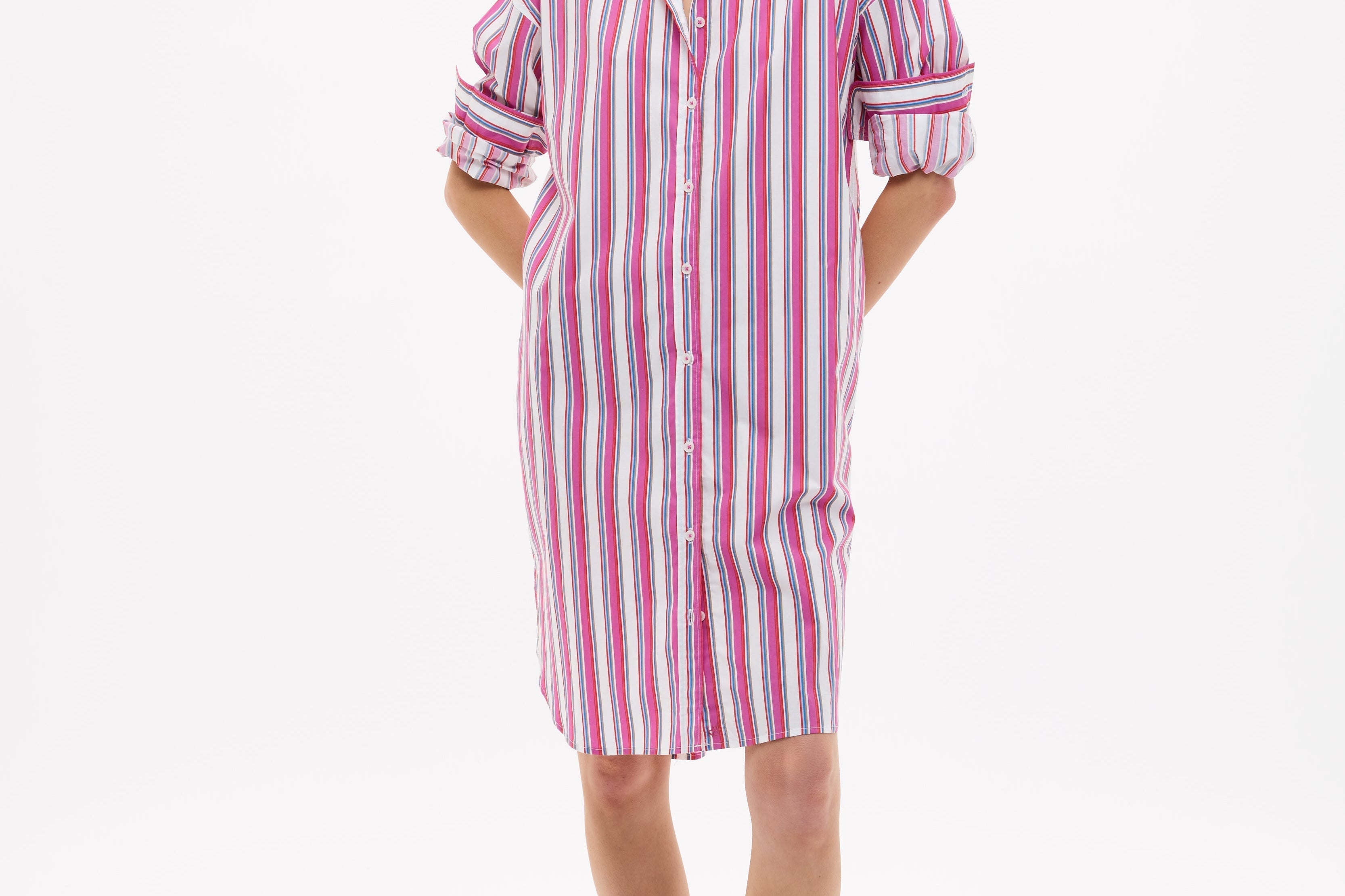 Chiara Long Sleeve Midi Shirt Dress in fuschia multi stripe with oversized fit and side pockets