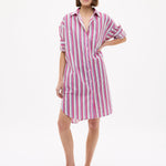 Chiara Long Sleeve Midi Shirt Dress in fuschia multi stripe with oversized fit and side pockets