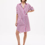 Chiara Long Sleeve Midi Shirt Dress in fuschia multi stripe with oversized fit and side pockets