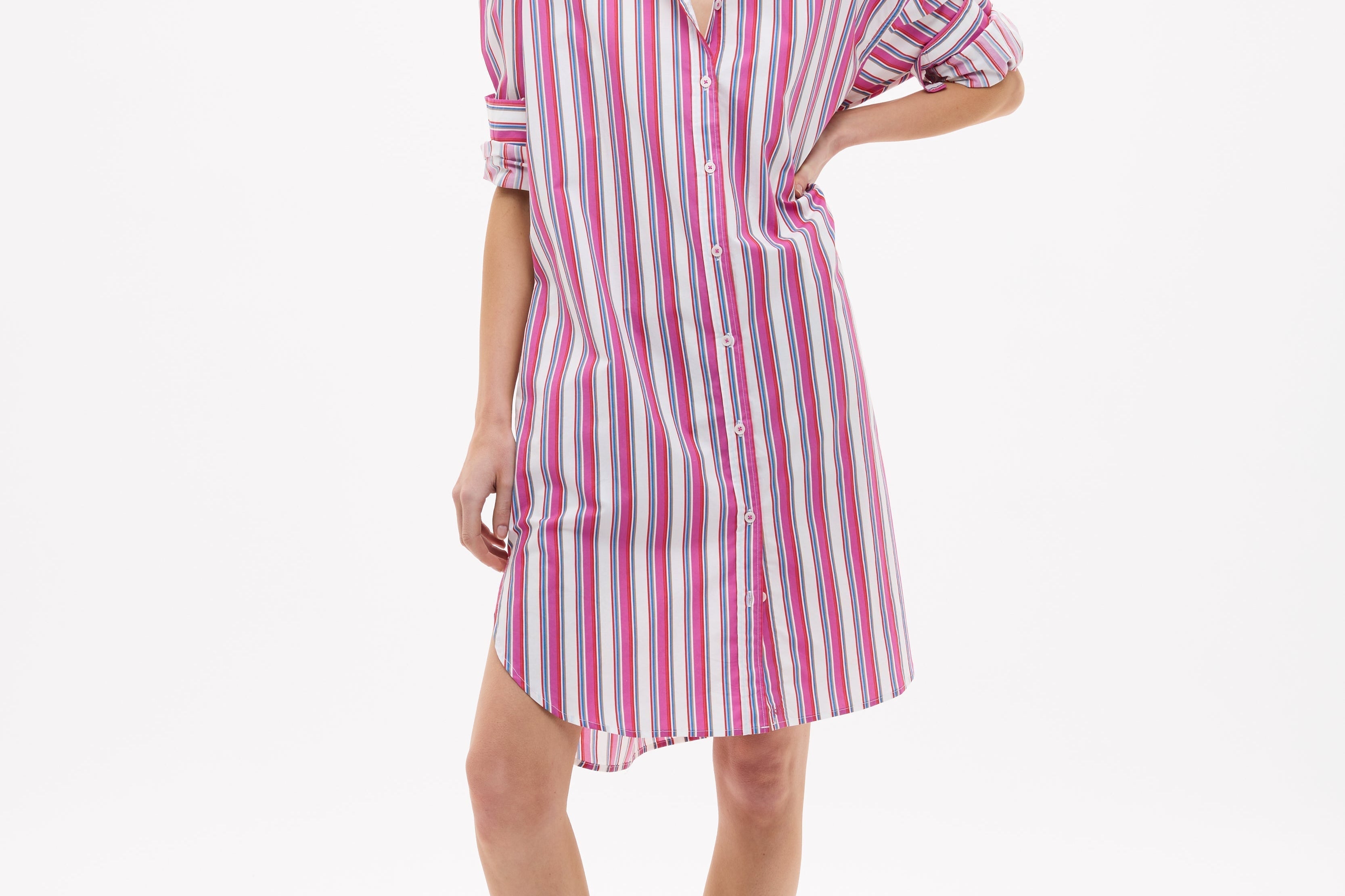 Chiara Long Sleeve Midi Shirt Dress in fuschia multi stripe with oversized fit and side pockets