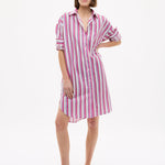 Chiara Long Sleeve Midi Shirt Dress in fuschia multi stripe with oversized fit and side pockets