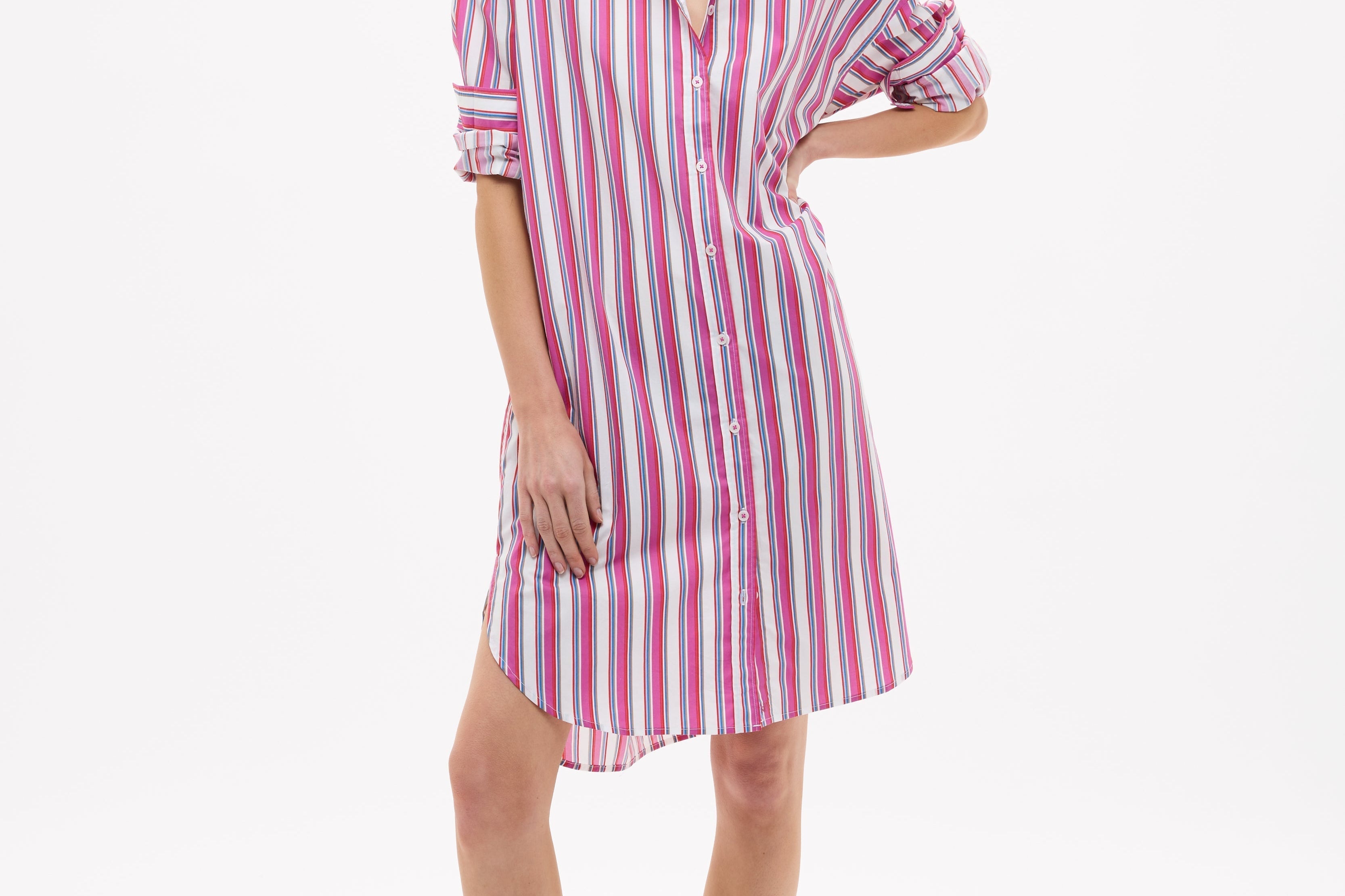 Chiara Long Sleeve Midi Shirt Dress in fuschia multi stripe with oversized fit and side pockets