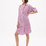 Chiara Long Sleeve Midi Shirt Dress in fuschia multi stripe with oversized fit and side pockets