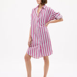Chiara Long Sleeve Midi Shirt Dress in fuschia multi stripe with oversized fit and side pockets