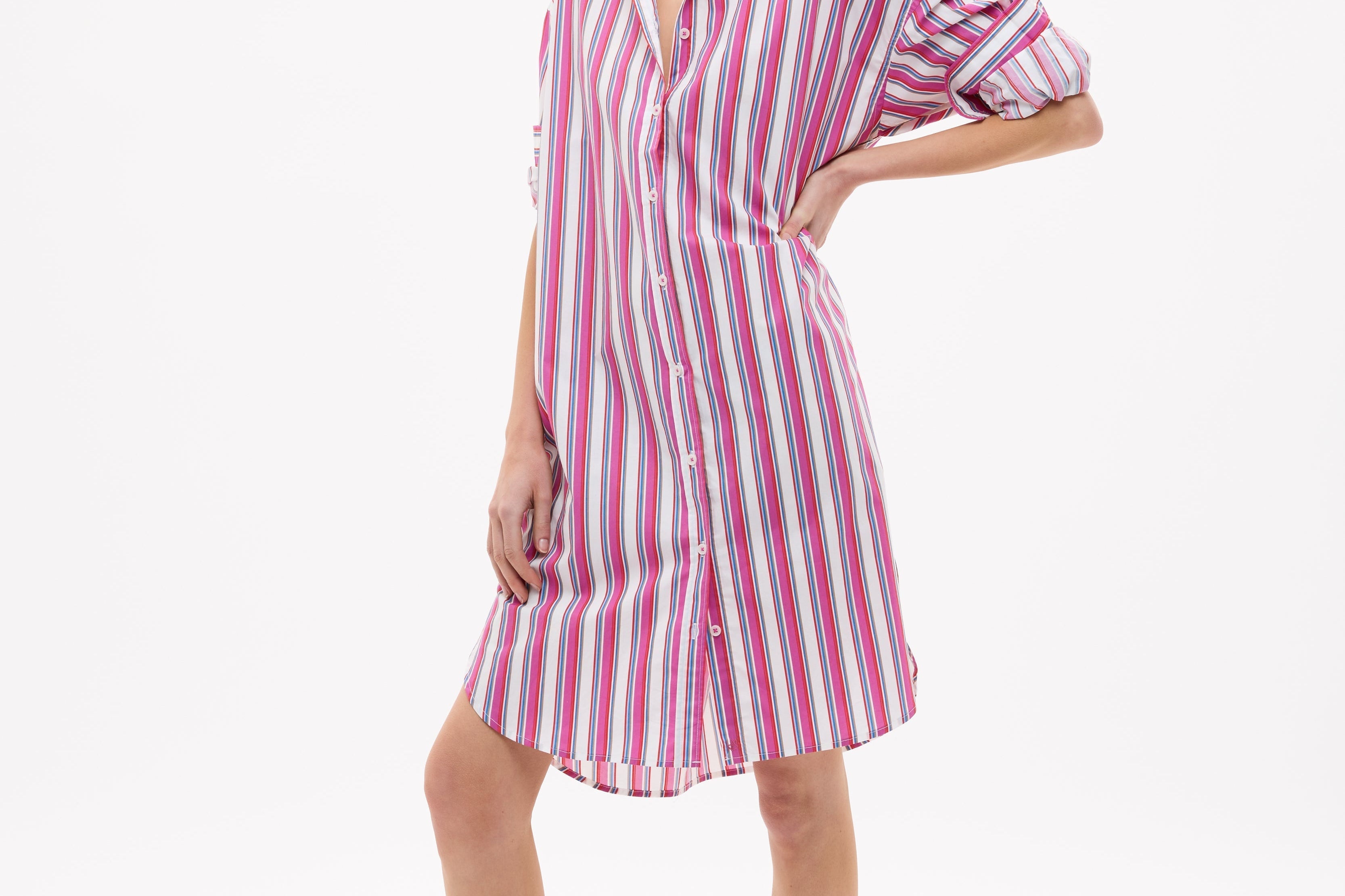 Chiara Long Sleeve Midi Shirt Dress in fuschia multi stripe with oversized fit and side pockets