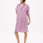 Chiara Long Sleeve Midi Shirt Dress in fuschia multi stripe with oversized fit and side pockets
