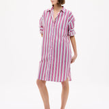 Chiara Long Sleeve Midi Shirt Dress in fuschia multi stripe with oversized fit and side pockets
