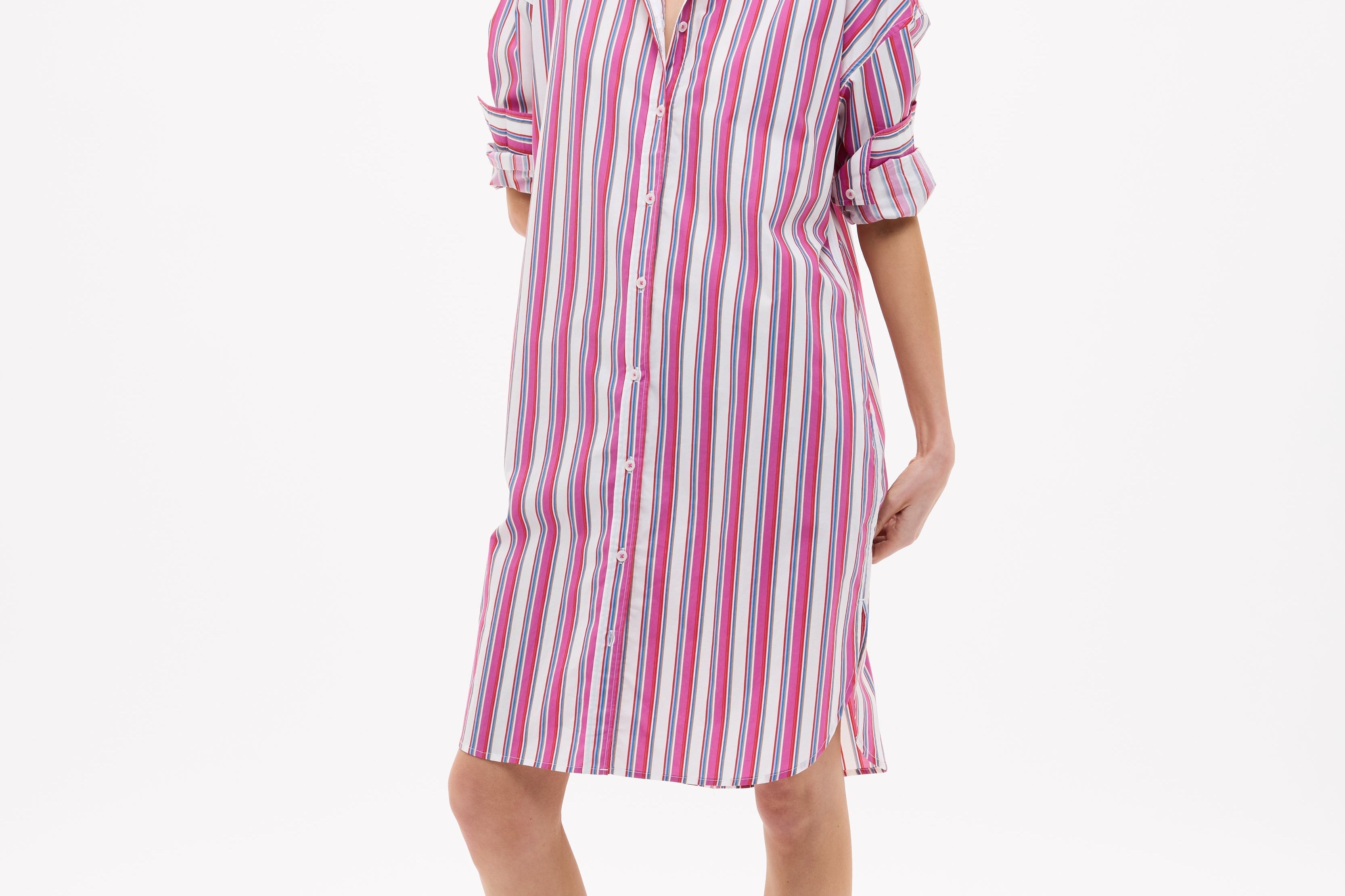 Chiara Long Sleeve Midi Shirt Dress in fuschia multi stripe with oversized fit and side pockets