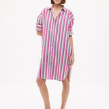 Chiara Long Sleeve Midi Shirt Dress in fuschia multi stripe with oversized fit and side pockets