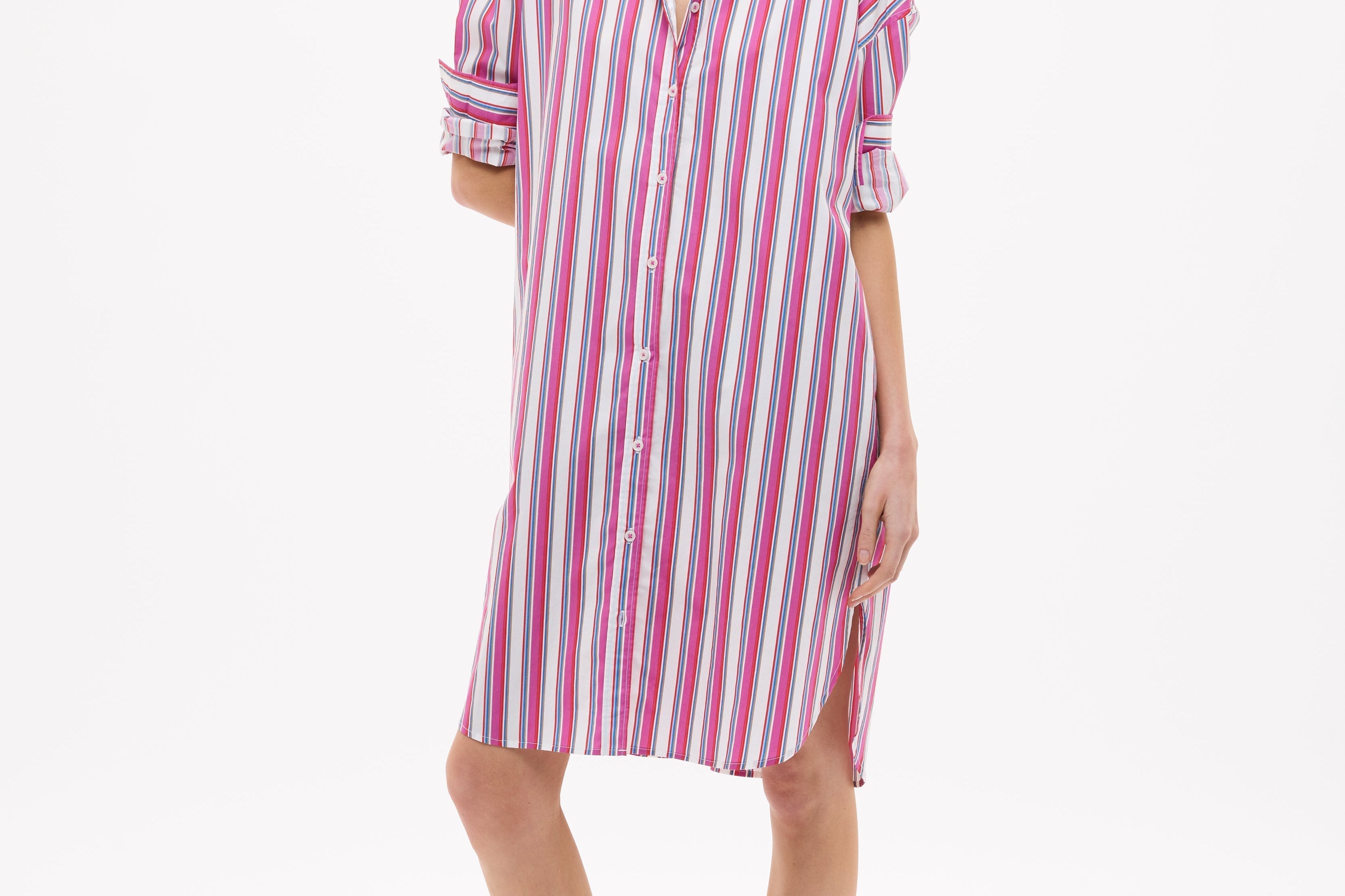 Chiara Long Sleeve Midi Shirt Dress in fuschia multi stripe with oversized fit and side pockets