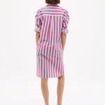 Chiara Long Sleeve Midi Shirt Dress in fuschia multi stripe with oversized fit and side pockets