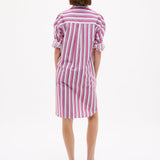 Chiara Long Sleeve Midi Shirt Dress in fuschia multi stripe with oversized fit and side pockets