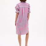 Chiara Long Sleeve Midi Shirt Dress in fuschia multi stripe with oversized fit and side pockets