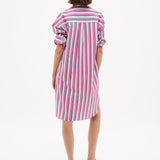 Chiara Long Sleeve Midi Shirt Dress in fuschia multi stripe with oversized fit and side pockets