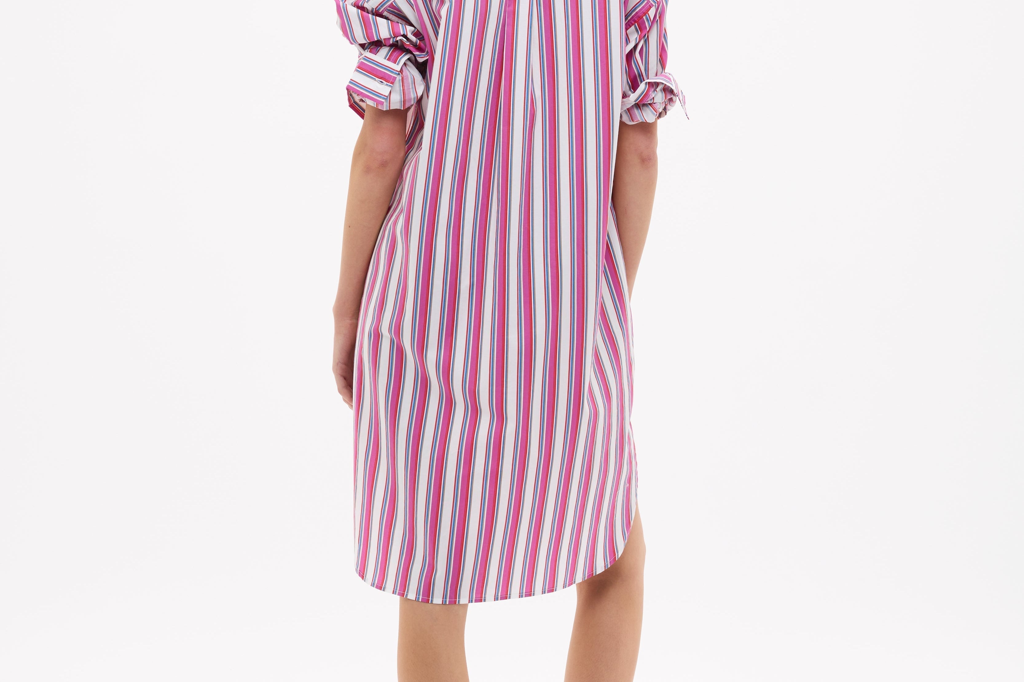 Chiara Long Sleeve Midi Shirt Dress in fuschia multi stripe with oversized fit and side pockets