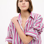 Chiara Long Sleeve Midi Shirt Dress in fuschia multi stripe with oversized fit and side pockets
