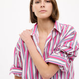 Chiara Long Sleeve Midi Shirt Dress in fuschia multi stripe with oversized fit and side pockets