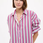 Chiara Long Sleeve Midi Shirt Dress in fuschia multi stripe with oversized fit and side pockets