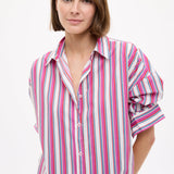 Chiara Long Sleeve Midi Shirt Dress in fuschia multi stripe with oversized fit and side pockets
