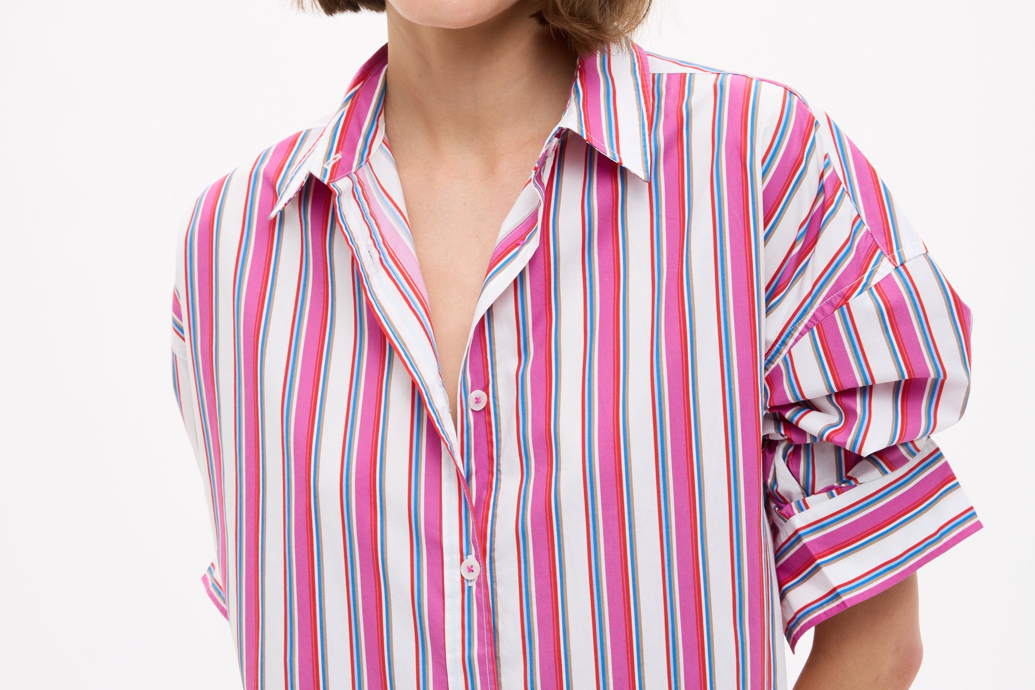Chiara Long Sleeve Midi Shirt Dress in fuschia multi stripe with oversized fit and side pockets
