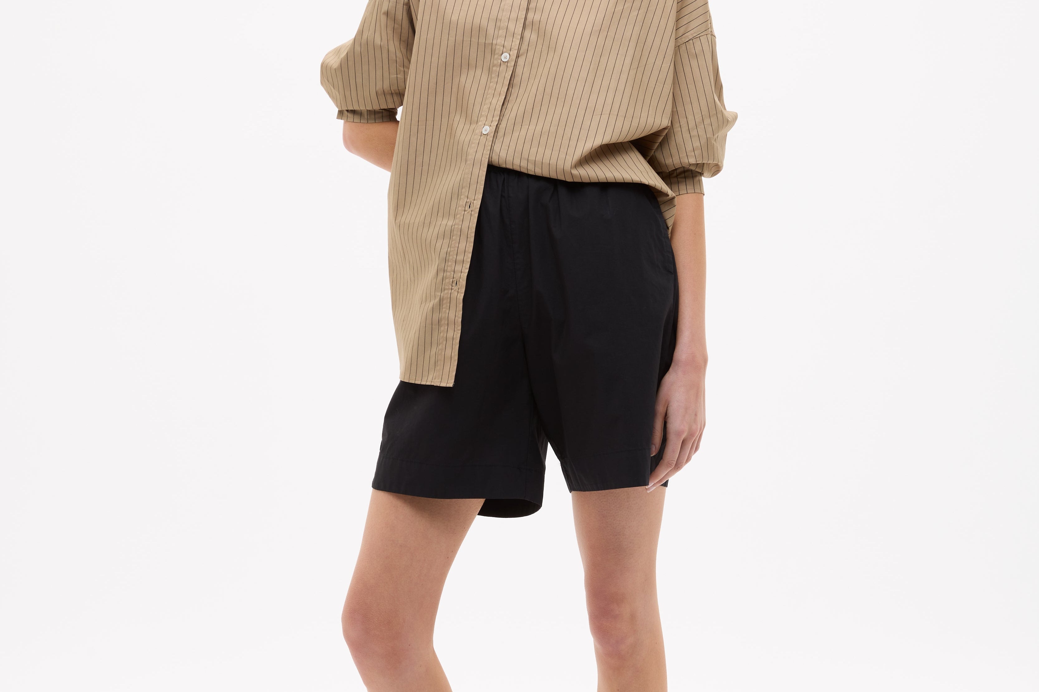 Black Chiara Mid Length Cotton Shorts with elastic waistband and side pockets