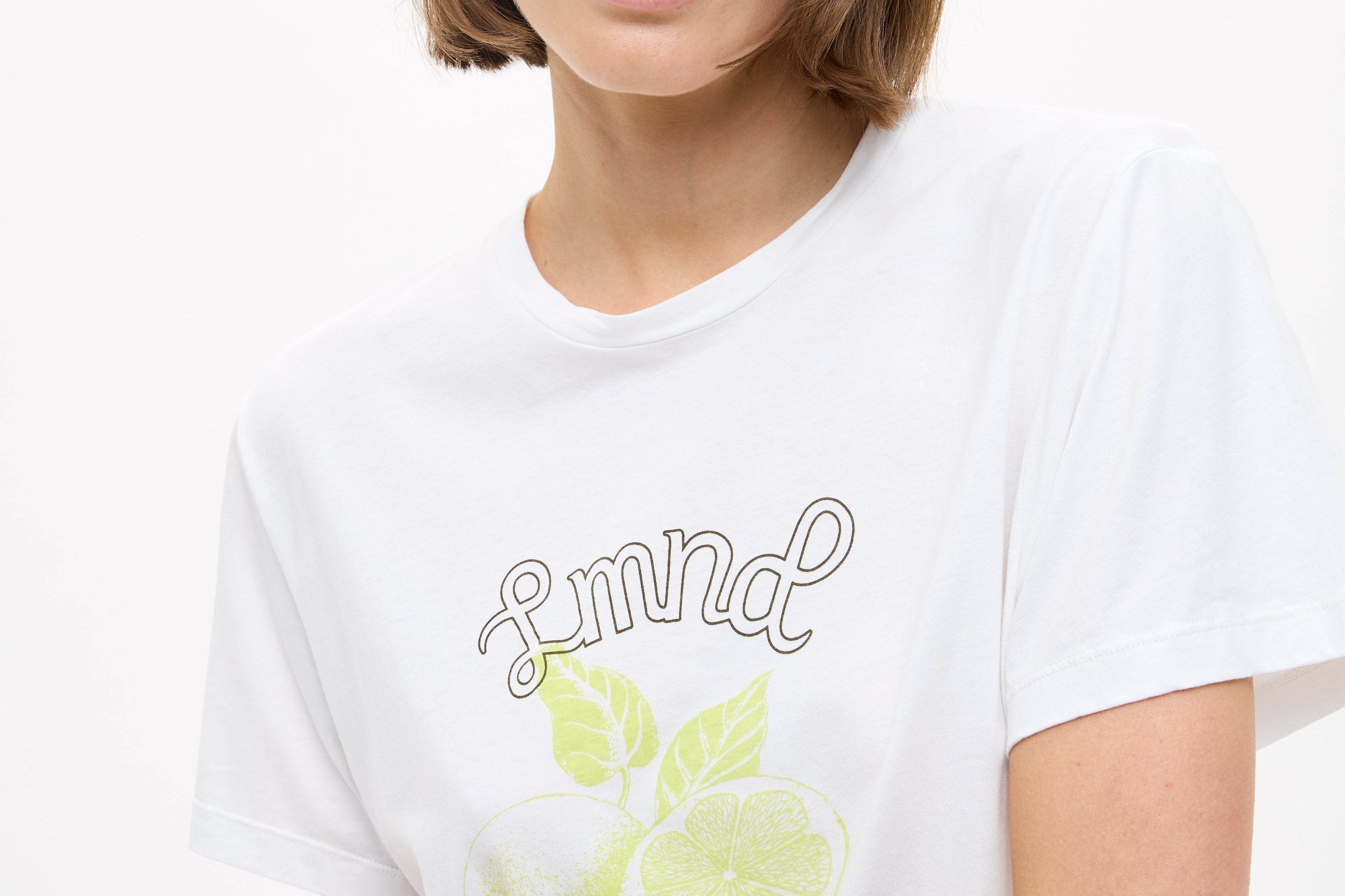 White relaxed fit cotton t-shirt for women with Dark Olive and Sunny Lime LIMONADA print